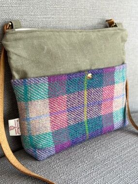 Harris Tweed crossbody bag: green purple tartan